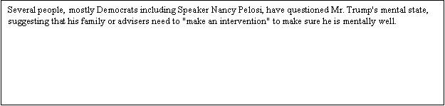 Zone de Texte: Several people, mostly Democrats including Speaker Nancy Pelosi, have questioned Mr. Trump's mental state, suggesting that his family or advisers need to make an intervention to make sure he is mentally well.