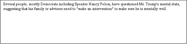Zone de Texte: Several people, mostly Democrats including Speaker Nancy Pelosi, have questioned Mr. Trump's mental state, suggesting that his family or advisers need to make an intervention to make sure he is mentally well.
